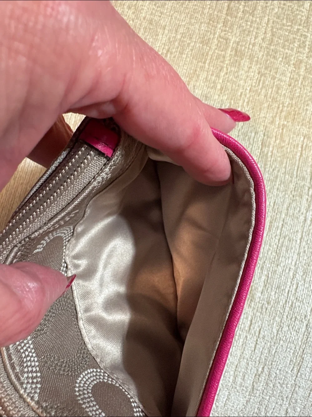 Coach Khaki Signature Canvas Wristlet with Pink Trim